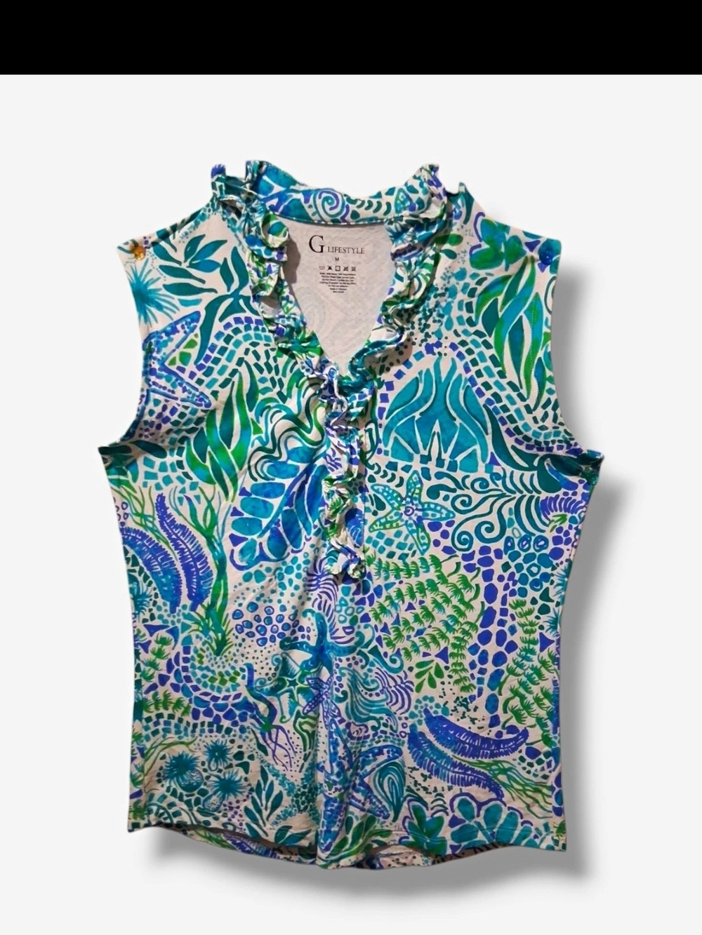 G Lifestyle Blue Green Tropical Print Ruffle V-Neck Sleeveless Top Sz M